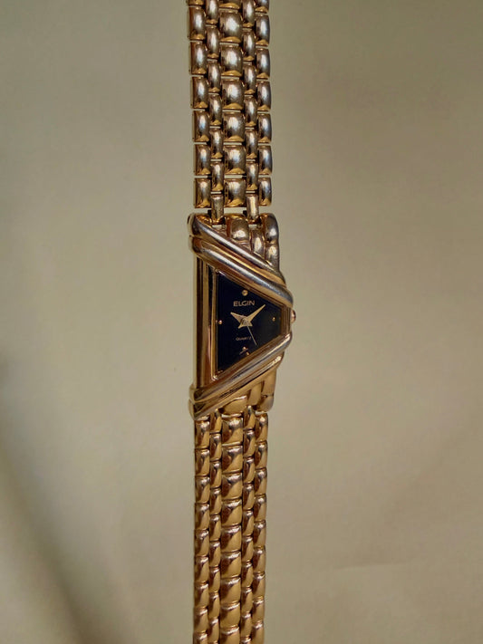 ELGIN – Black Dial Geometric Gold-Tone Bracelet Watch