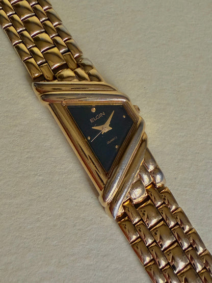 ELGIN – Black Dial Geometric Gold-Tone Bracelet Watch
